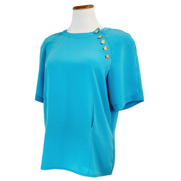 SK and Company Vintage Blue Teal 1980s Shoulder Pads VTG 80s Shirt Size 14 - Picture 2 of 16